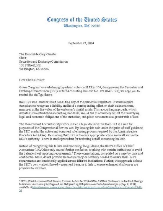 Congress members ask SEC to allow banks to custody Bitcoin
